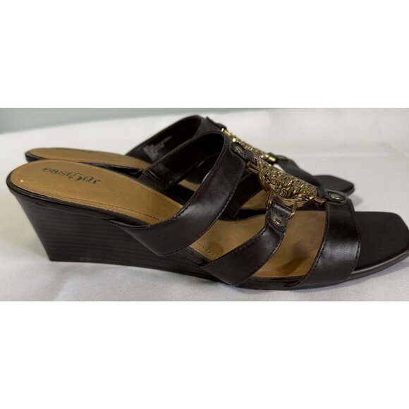 East 5th Womens Brown Gold Medallion Wedge Sandal Slip On 8.5 US - Picture 3 of 12